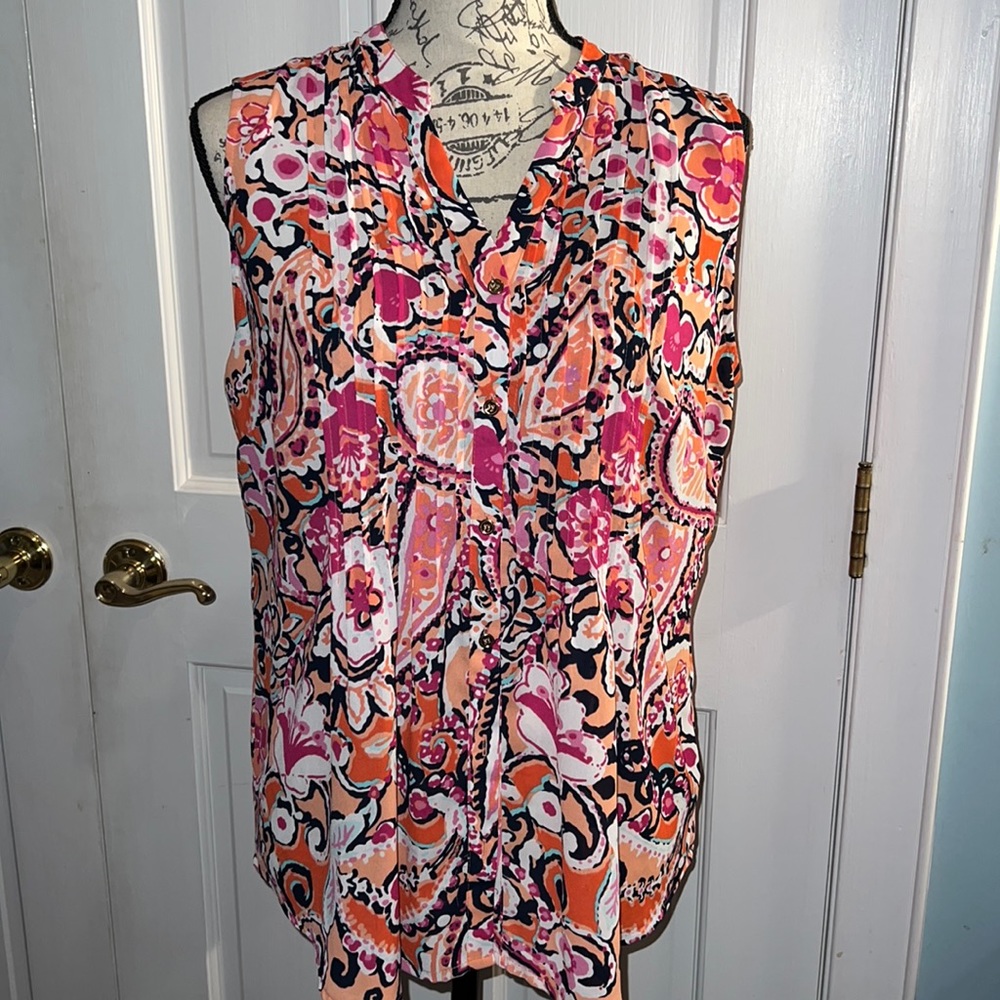 Charter Club paisley pretty tank blouse Pleats medium fun boho Pinks! Peaches!
